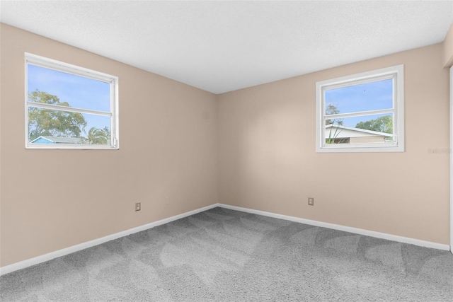 carpeted empty room featuring baseboards, a textured ceiling, and a healthy amount of sunlight