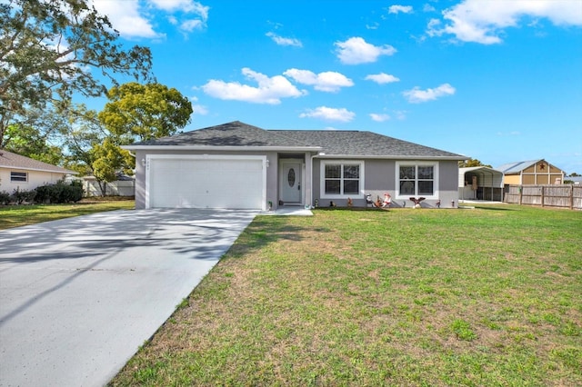 ranch-style house with stucco siding, fence, concrete driveway, an attached garage, and a front yard