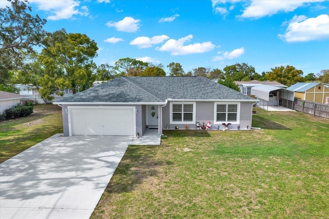 ranch-style house featuring a garage, roof with shingles, a front lawn, and stucco siding