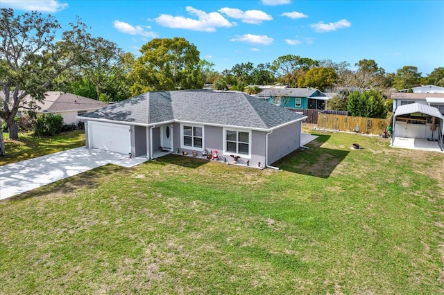 ranch-style home with fence, an attached garage, a shingled roof, concrete driveway, and a front lawn