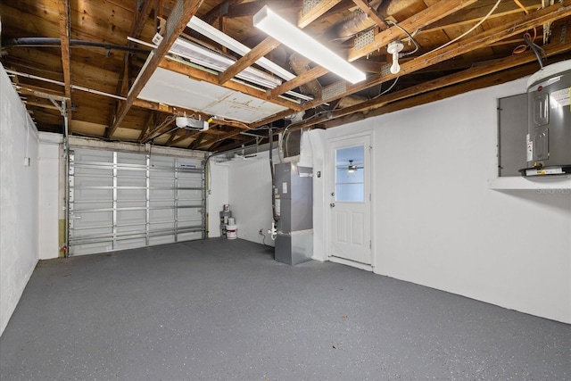 garage with heating unit, a garage door opener, and water heater