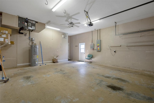 garage featuring electric panel, a garage door opener, water heater, concrete block wall, and ceiling fan