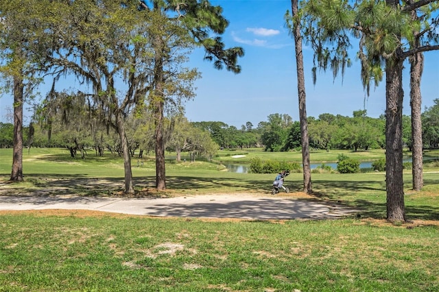 view of property's community with a yard and a water view