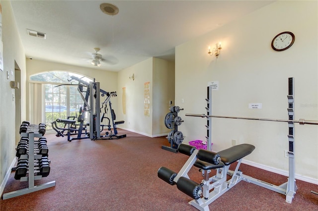 workout area with visible vents, ceiling fan, and baseboards