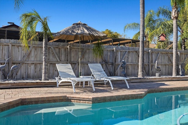 view of swimming pool featuring a fenced in pool, a patio, and fence