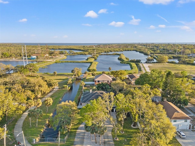 drone / aerial view with a water view