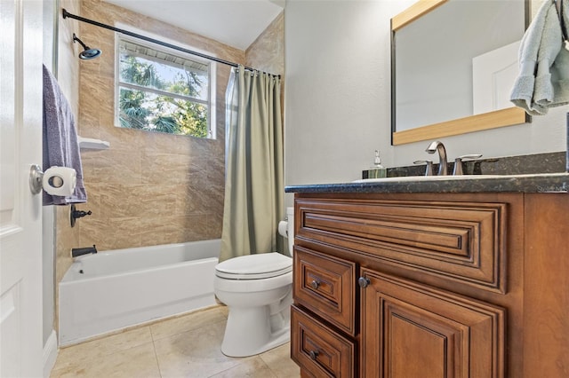 bathroom with tile patterned flooring, vanity, toilet, and shower / bathtub combination with curtain