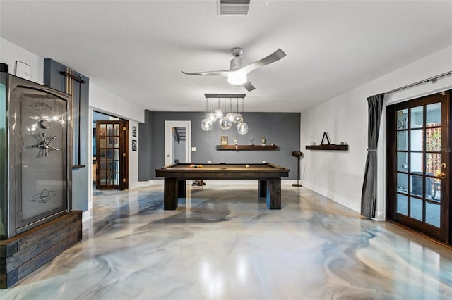 game room with visible vents, baseboards, concrete floors, and french doors