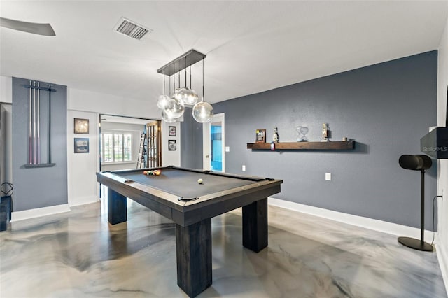 rec room featuring billiards, baseboards, visible vents, and finished concrete floors