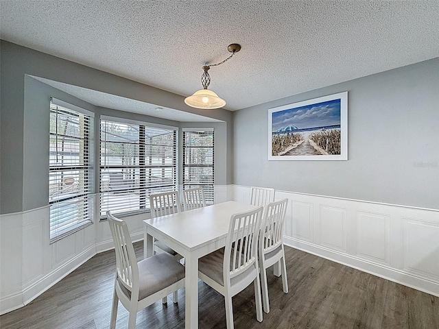 dining space featuring dark wood-style floors, wainscoting, and a textured ceiling