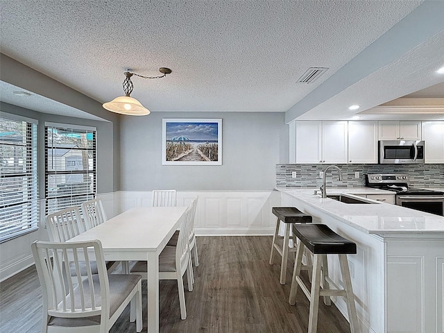 kitchen featuring visible vents, a wainscoted wall, a sink, appliances with stainless steel finishes, and dark wood-style flooring