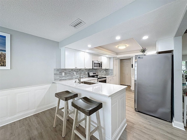 kitchen with visible vents, a sink, stainless steel appliances, light countertops, and light wood-style floors