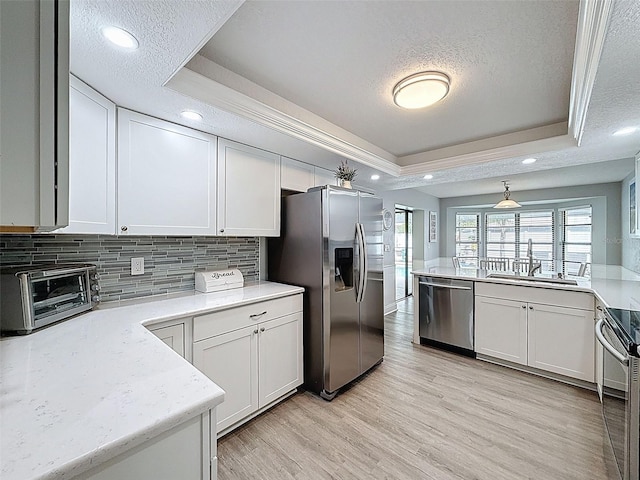 kitchen featuring light wood finished floors, a tray ceiling, a toaster, a sink, and stainless steel appliances