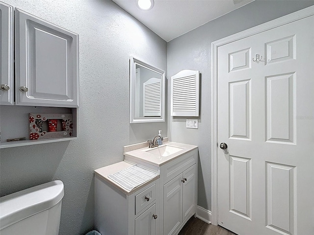 bathroom featuring toilet, wood finished floors, vanity, and a textured wall