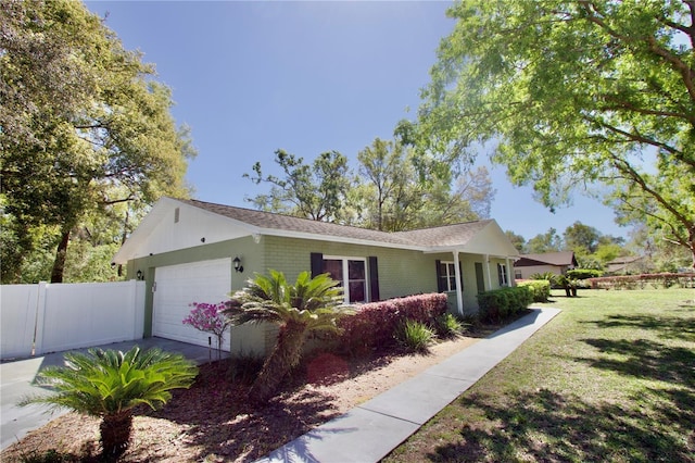 view of front of property featuring a front yard, an attached garage, fence, and brick siding