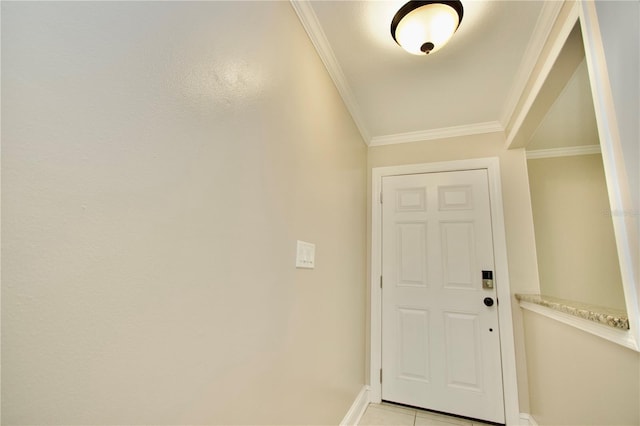 doorway to outside featuring light tile patterned flooring, crown molding, and baseboards