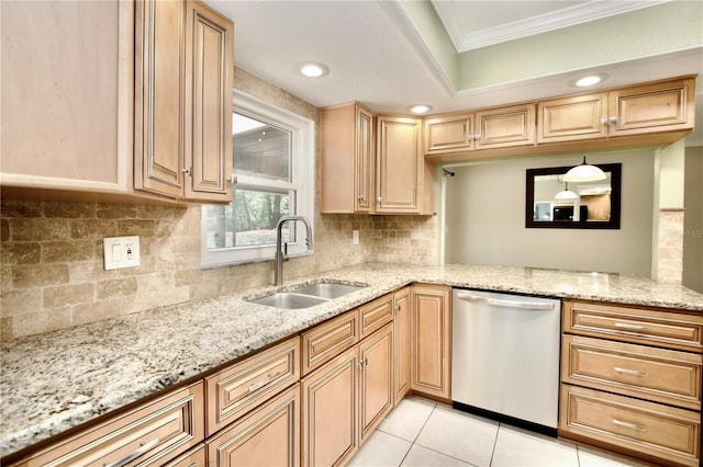 kitchen with a sink, light stone counters, crown molding, light tile patterned floors, and dishwasher