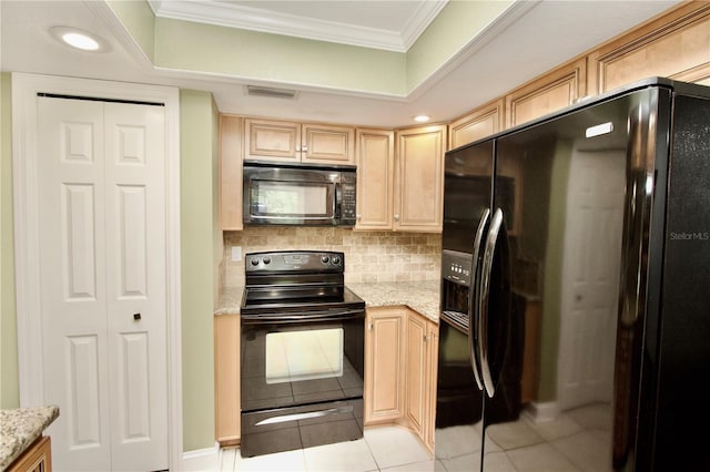 kitchen with visible vents, black appliances, ornamental molding, light brown cabinets, and tasteful backsplash