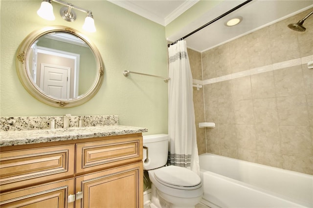 full bathroom featuring vanity, toilet, crown molding, and shower / bathtub combination with curtain