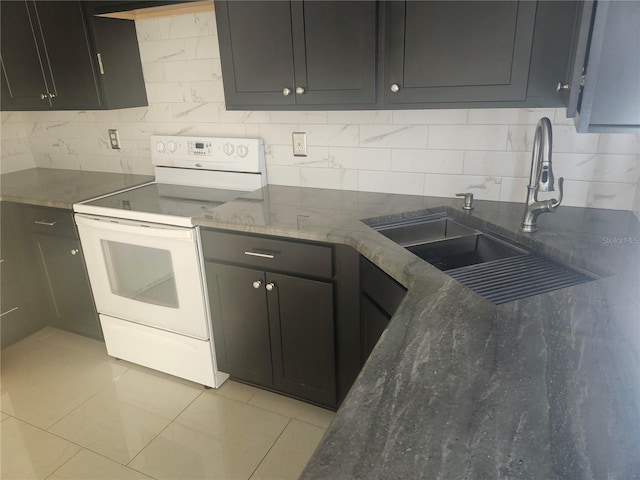 kitchen featuring a sink, tasteful backsplash, dark stone countertops, and white electric range oven