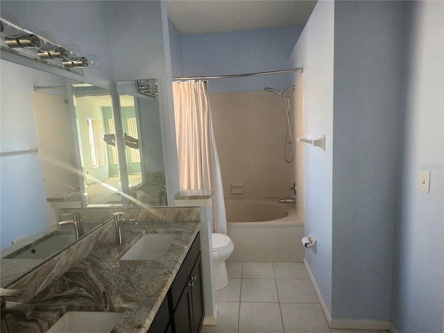 full bath with tile patterned flooring, shower / bathtub combination with curtain, toilet, and a sink