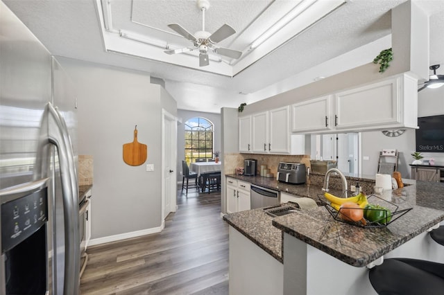 kitchen with a breakfast bar, a tray ceiling, a peninsula, ceiling fan, and appliances with stainless steel finishes