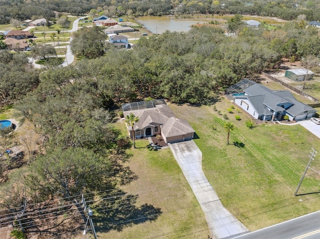 drone / aerial view with a water view