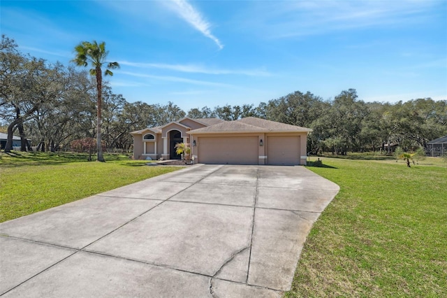 view of front facade featuring stucco siding, an attached garage, concrete driveway, and a front yard