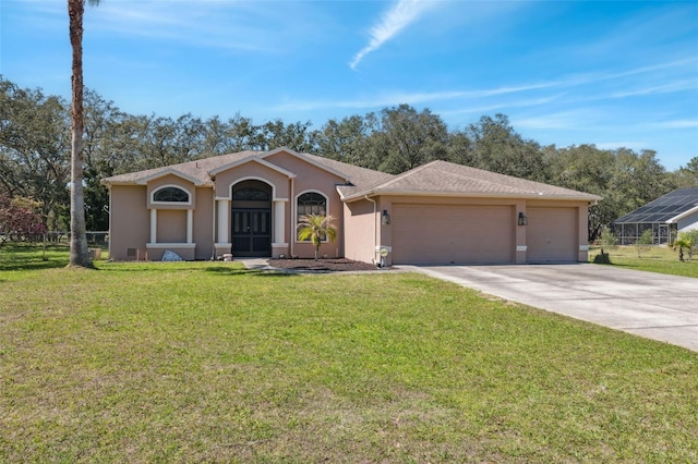 single story home with stucco siding, a front yard, a garage, and driveway