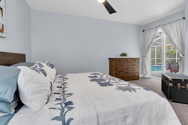 bedroom featuring a ceiling fan, access to outside, and carpet