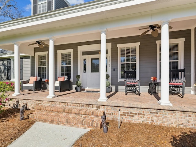 view of patio featuring covered porch and a ceiling fan