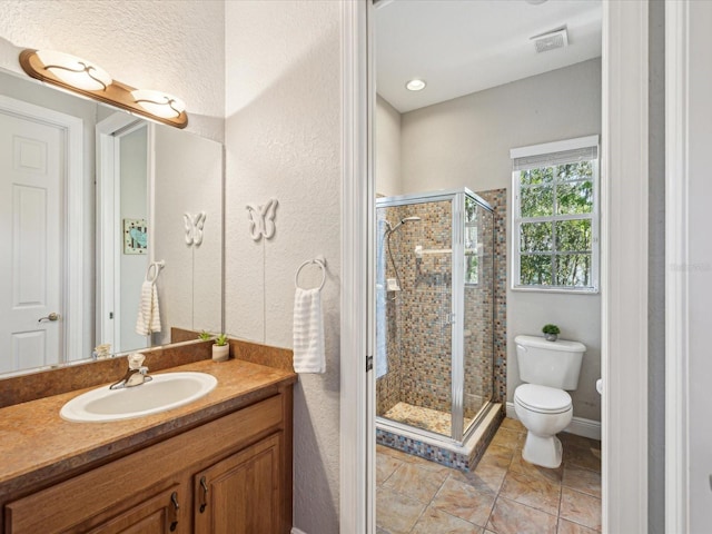 full bathroom featuring visible vents, toilet, a stall shower, and vanity