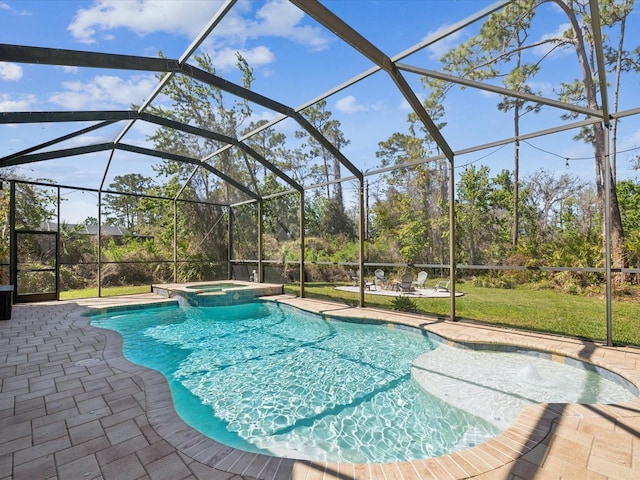 view of pool with glass enclosure, a pool with connected hot tub, and a patio