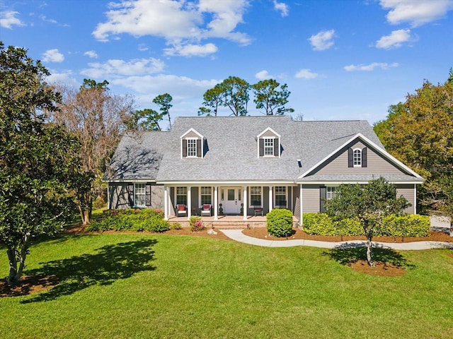 new england style home featuring a front lawn and covered porch