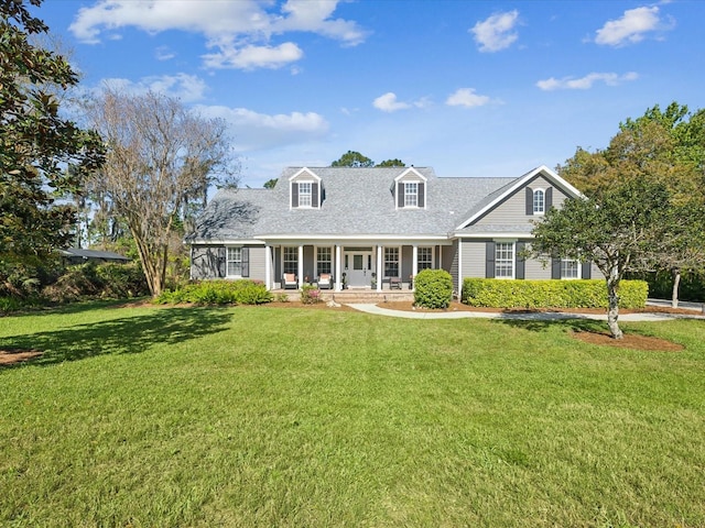 cape cod home with a front lawn and a porch