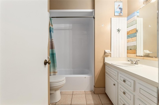 full bathroom featuring shower / tub combo, toilet, vanity, and tile patterned flooring