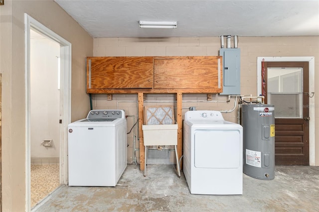 washroom with washer and clothes dryer, electric panel, electric water heater, concrete block wall, and laundry area