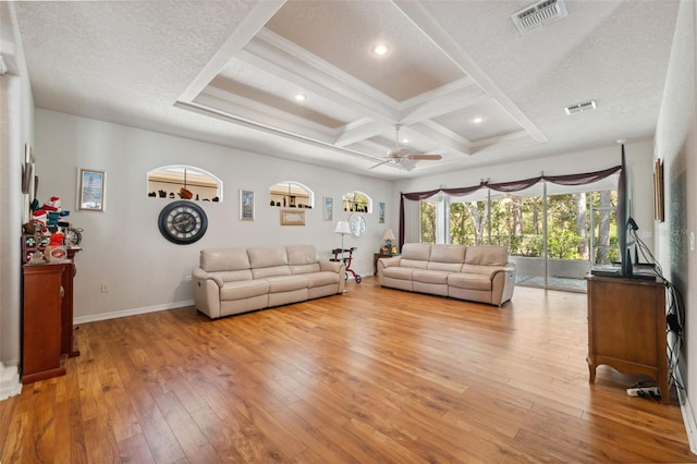 living area featuring visible vents, coffered ceiling, and light wood finished floors
