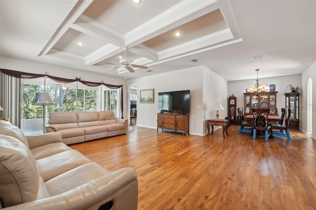 living room with visible vents, baseboards, coffered ceiling, light wood-style flooring, and ceiling fan with notable chandelier