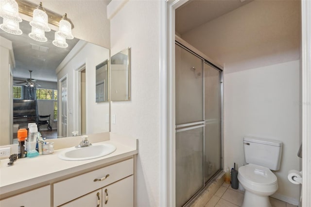 bathroom with tile patterned floors, visible vents, toilet, a stall shower, and vanity