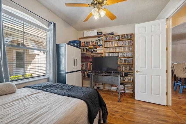 bedroom with multiple windows, wood finished floors, and a ceiling fan