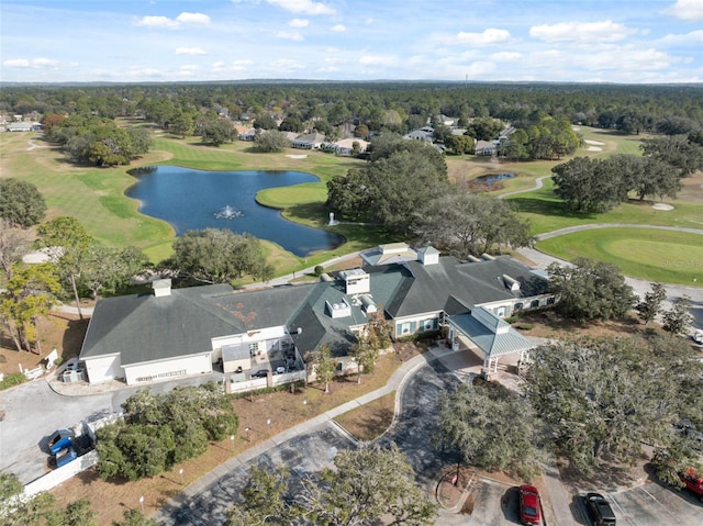 aerial view featuring a water view and view of golf course