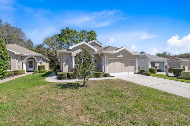 single story home featuring stucco siding, a front lawn, concrete driveway, and an attached garage