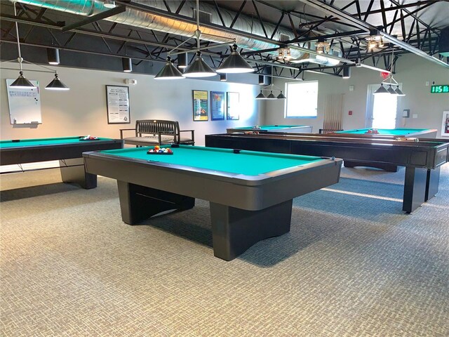 rec room with carpet flooring and billiards