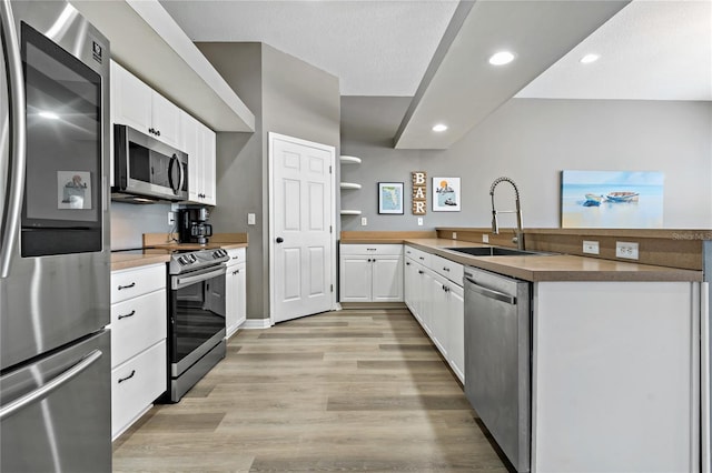 kitchen featuring light wood-type flooring, a peninsula, stainless steel appliances, white cabinetry, and a sink