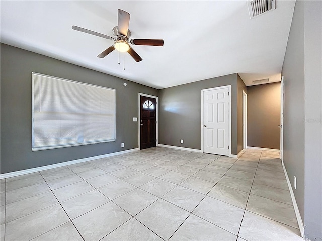 interior space featuring visible vents, a ceiling fan, and baseboards