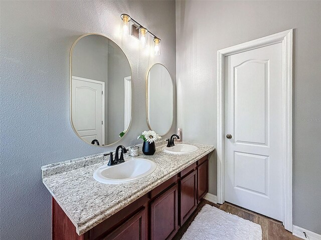 bathroom with double vanity, wood finished floors, and a sink