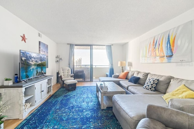 living area featuring visible vents, a textured ceiling, and wood finished floors