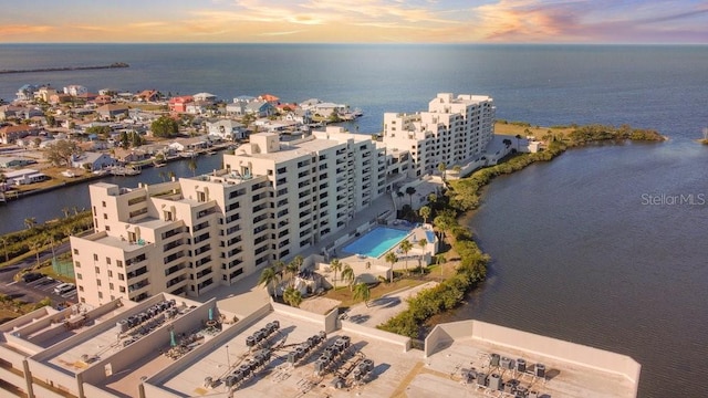 drone / aerial view featuring a water view