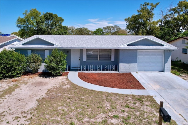 ranch-style house with brick siding, a porch, concrete driveway, and a garage